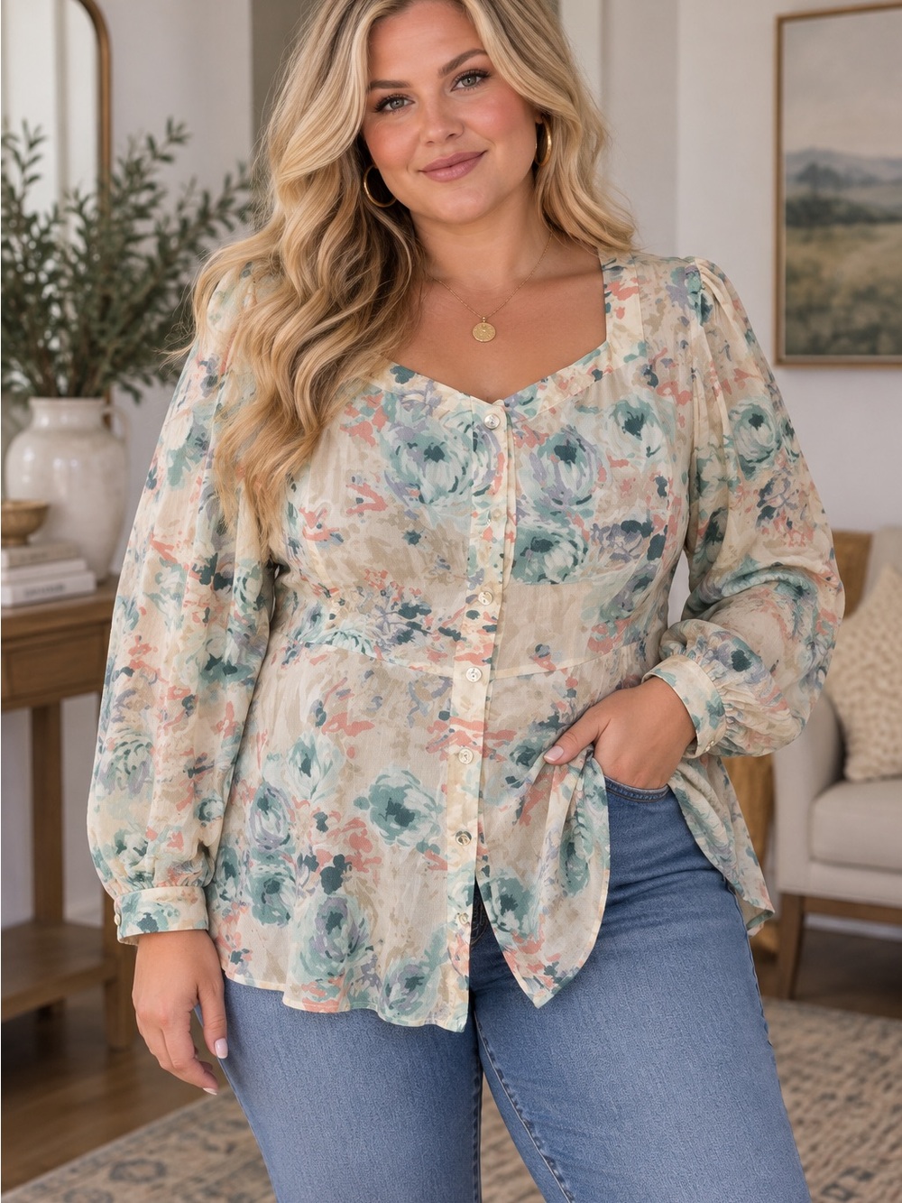 2X Chic Soul Floral Button-Front Blouse in Cream, Mint & Blush